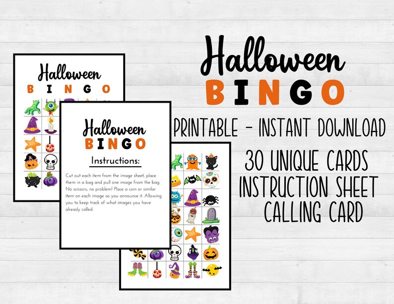 Puede incluir: Juego de bingo de Halloween imprimible con 30 tarjetas &uacute;nicas, una hoja de instrucciones y una tarjeta de llamada. Las tarjetas presentan varias im&aacute;genes con tem&aacute;tica de Halloween, como un sombrero de bruja, un fantasma, una calabaza y una ara&ntilde;a.