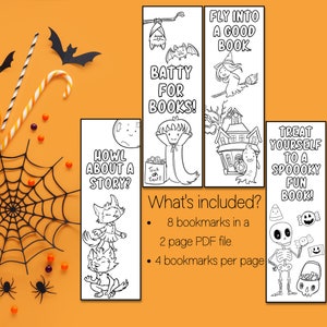 May include: Eight black and white Halloween-themed bookmarks with spooky characters and sayings. The bookmarks include a ghost, a witch, a vampire, a werewolf, a skeleton, a bat, and a haunted house. The text on the bookmarks includes "Howl About a Story?", "Batty for Books!", "Fly Into a Good Book", and "Treat Yourself to a Spooky Fun Book!"