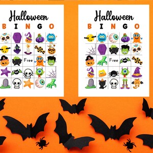 Puede incluir: Dos tarjetas de bingo de Halloween imprimibles con una variedad de im&aacute;genes espeluznantes y lindas, que incluyen fantasmas, calabazas, murci&eacute;lagos y ara&ntilde;as. Las tarjetas est&aacute;n impresas en papel blanco y tienen un esquema de color negro y naranja.