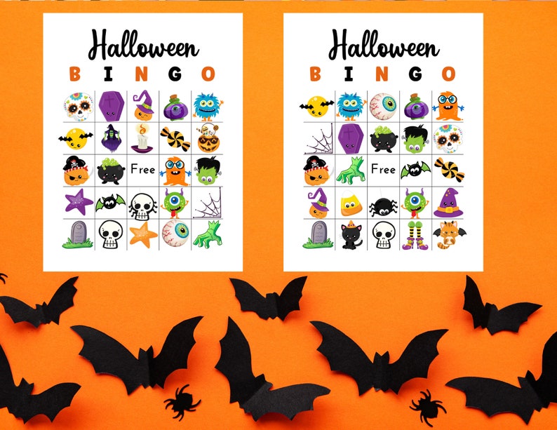 Puede incluir: Dos tarjetas de bingo de Halloween imprimibles con una variedad de im&aacute;genes espeluznantes y lindas, que incluyen fantasmas, calabazas, murci&eacute;lagos y ara&ntilde;as. Las tarjetas est&aacute;n impresas en papel blanco y tienen un esquema de color negro y naranja.