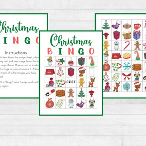 May include: A Christmas Bingo game with a green and red color scheme. The game includes images of Christmas-themed items such as a snowman, a reindeer, a stocking, a gingerbread man, a Christmas tree, and a gift. The game is designed for two players and includes instructions on how to play.