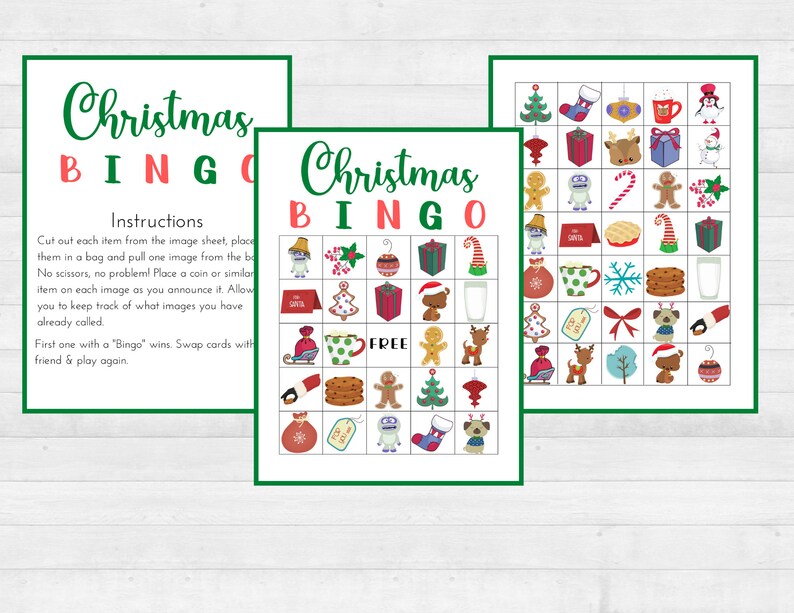 May include: A Christmas Bingo game with a green and red color scheme. The game includes images of Christmas-themed items such as a snowman, a reindeer, a stocking, a gingerbread man, a Christmas tree, and a gift. The game is designed for two players and includes instructions on how to play.