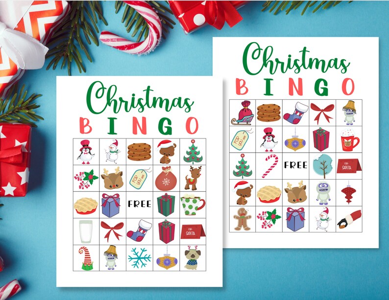 May include: Two printable Christmas Bingo cards with a variety of festive images, including a snowman, a reindeer, a stocking, a gift, a candy cane, a Christmas tree, and a gingerbread man. The cards say "Christmas Bingo" at the top.