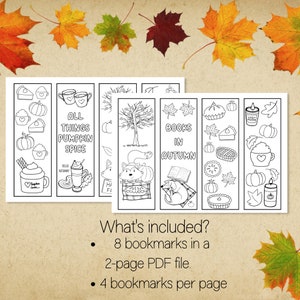May include: A set of eight printable bookmarks featuring autumn themes. The bookmarks are black and white and include images of pumpkins, pies, coffee, books, and leaves. The text on the bookmarks reads "All Things Pumpkin Spice" and "Books in Autumn".