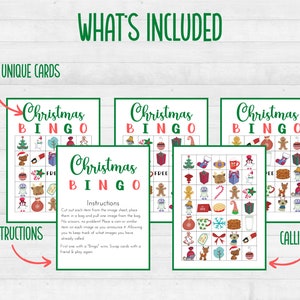 May include: A set of 30 unique Christmas Bingo cards with instructions and a calling sheet. The cards feature a variety of festive images, including a snowman, a gingerbread man, a stocking, and a Christmas tree.