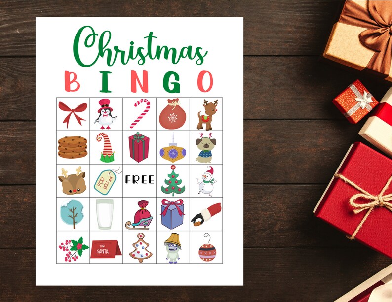 May include: A printable Christmas Bingo card with 25 squares. Each square contains a different Christmas-themed image, such as a reindeer, a snowman, a Christmas tree, a gift, and a stocking. The center square says "FREE".