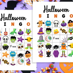 Puede incluir: Dos tarjetas de bingo de Halloween imprimibles con una variedad de im&aacute;genes de Halloween espeluznantes y lindas. Las tarjetas tienen las palabras "Halloween Bingo" en la parte superior y las letras B-I-N-G-O en la parte superior de la cuadr&iacute;cula.