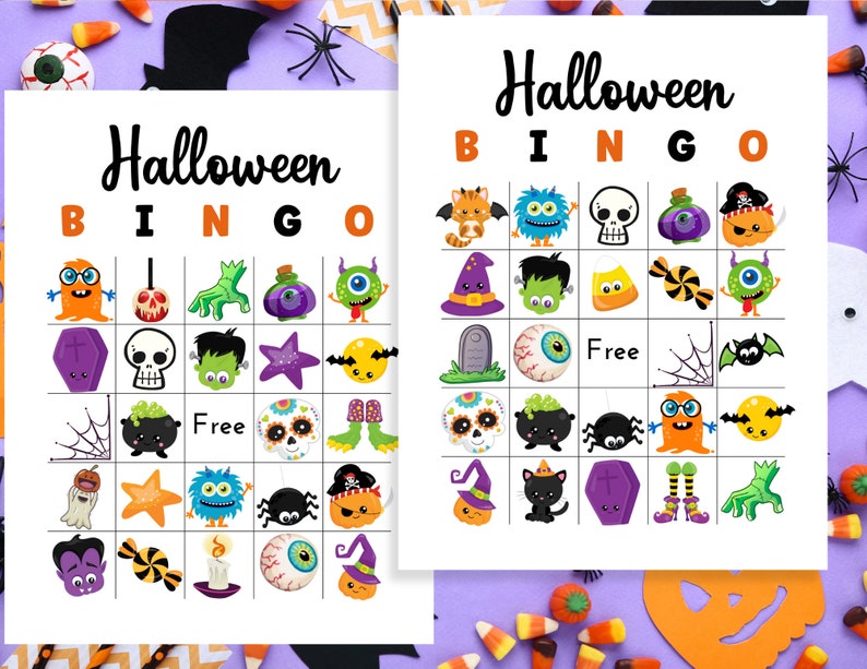 Puede incluir: Dos tarjetas de bingo de Halloween imprimibles con una variedad de im&aacute;genes de Halloween espeluznantes y lindas. Las tarjetas tienen las palabras "Halloween Bingo" en la parte superior y las letras B-I-N-G-O en la parte superior de la cuadr&iacute;cula.