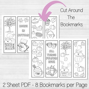 May include: Eight black and white printable bookmarks featuring autumn themes. The bookmarks include images of a fox, pumpkins, leaves, a cup of coffee, a pie, and the text "Books in Autumn", "All Things Pumpkin Spice", and "Happy Fall".