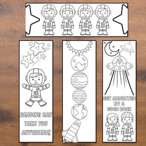 May include: Set of four black and white printable bookmarks featuring an astronaut theme. The bookmarks include an astronaut, a rocket, planets, and a UFO. The text on the bookmarks reads "Reading can take you anywhere!" and "Get abducted by a good book."