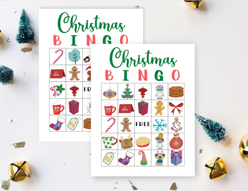 May include: Two printable Christmas Bingo cards with a festive red, green, and white color scheme. Each card has a 5x5 grid with images of Christmas-themed items like a snowman, gingerbread man, candy cane, and a stocking.