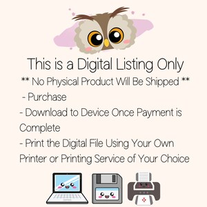 Puede incluir: Un gr&aacute;fico de listado digital con una ilustraci&oacute;n de b&uacute;ho y texto que dice "Esta es una lista digital &uacute;nicamente ** No se enviar&aacute; ning&uacute;n producto f&iacute;sico ** - Compra - Descarga al dispositivo una vez que el pago est&eacute; completo - Imprime el archivo digital utilizando tu propia impresora o servicio de impresi&oacute;n de tu elecci&oacute;n"