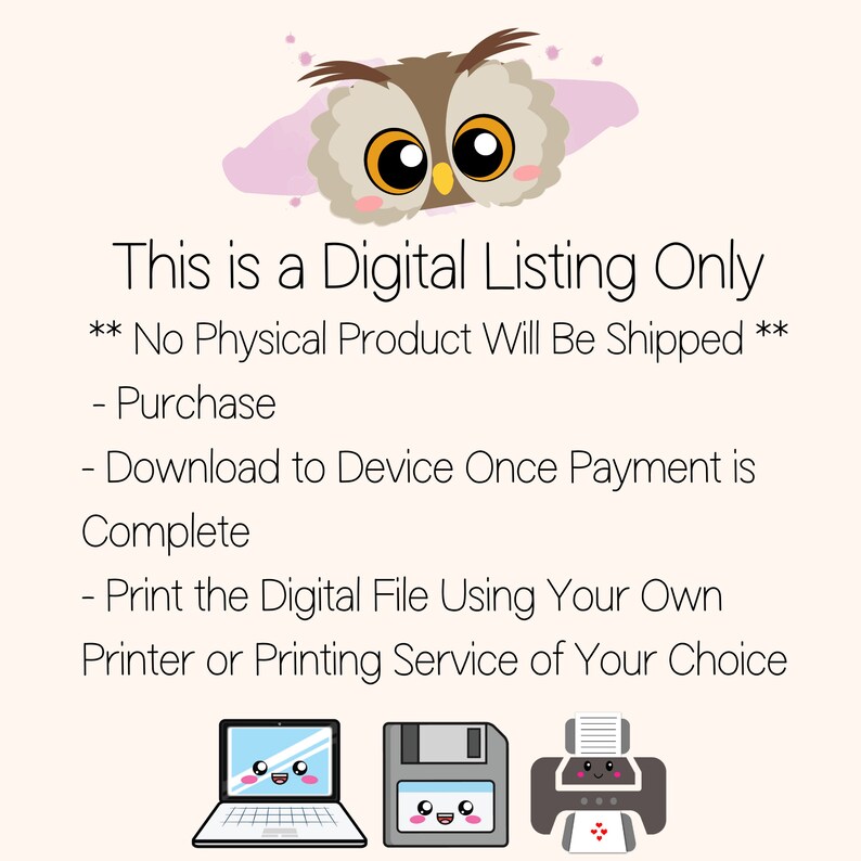 Puede incluir: Un gr&aacute;fico de listado digital con una ilustraci&oacute;n de b&uacute;ho y texto que dice "Esta es una lista digital &uacute;nicamente ** No se enviar&aacute; ning&uacute;n producto f&iacute;sico ** - Compra - Descarga al dispositivo una vez que el pago est&eacute; completo - Imprime el archivo digital utilizando tu propia impresora o servicio de impresi&oacute;n de tu elecci&oacute;n"