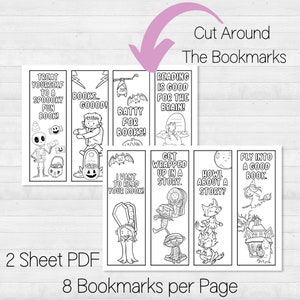 May include: Eight black and white Halloween-themed bookmarks with different spooky sayings. The bookmarks are designed to be cut out and used as reading placeholders. The text on the bookmarks includes: "Treat yourself to a spooky fun book!" "Books... Goood!" "Batty for books!" "Reading is good for the brain!" "I want to read your book!" "Get wrapped up in a story." "Howl about a story?" "Fly into a good book."