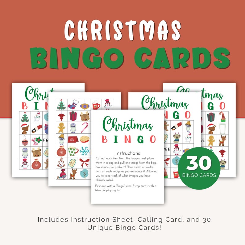 May include: A set of 30 printable Christmas bingo cards with a calling card and instruction sheet. The cards feature a variety of festive images, including a snowman, a reindeer, a gingerbread man, a stocking, a candy cane, a Christmas tree, and a gift.