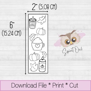 May include: A printable sheet of black and white fall-themed illustrations, including a candle, a pumpkin, a cup of coffee, and a leaf. The sheet measures 6 inches by 2 inches. The text "Cozy Mood" is on the candle. The text "Spirit Owl" is on a separate image of an owl with large eyes.