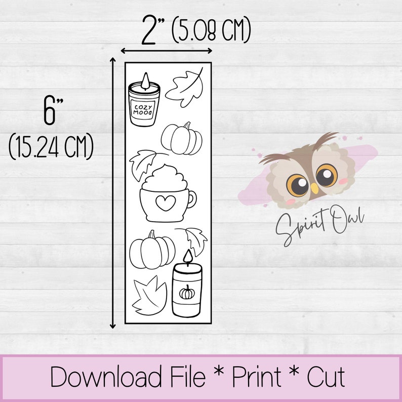 May include: A printable sheet of black and white fall-themed illustrations, including a candle, a pumpkin, a cup of coffee, and a leaf. The sheet measures 6 inches by 2 inches. The text "Cozy Mood" is on the candle. The text "Spirit Owl" is on a separate image of an owl with large eyes.