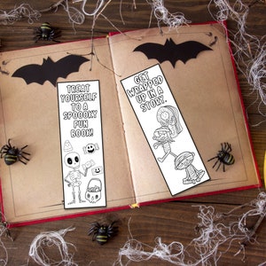 May include: Two black and white printable Halloween bookmarks. The first bookmark features a skeleton holding a candy bucket and the text "Treat yourself to a spooky fun book!" The second bookmark features a mummy, a witch, and a vampire and the text "Get wrapped up in a story."