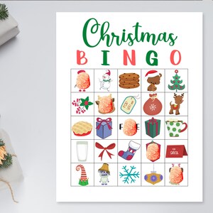 May include: A Christmas Bingo card with 25 squares featuring various Christmas-themed images, including a snowman, a reindeer, a stocking, a gift, a candy cane, a Christmas tree, and a gingerbread man.