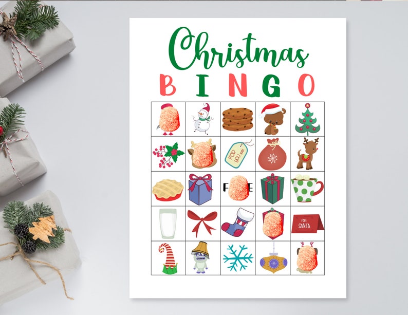 May include: A Christmas Bingo card with 25 squares featuring various Christmas-themed images, including a snowman, a reindeer, a stocking, a gift, a candy cane, a Christmas tree, and a gingerbread man.