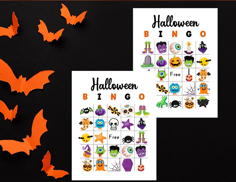Puede incluir: Dos tarjetas de bingo de Halloween imprimibles con fondo negro y murci&eacute;lagos naranjas. Las tarjetas presentan una variedad de im&aacute;genes con tem&aacute;tica de Halloween, incluyendo fantasmas, calabazas, murci&eacute;lagos, ara&ntilde;as y ma&iacute;z dulce. Las tarjetas est&aacute;n etiquetadas como "Halloween Bingo".
