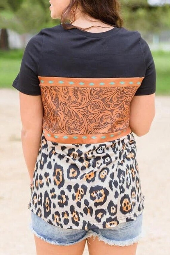 Color Block T-shirt Black Leopard Print 
