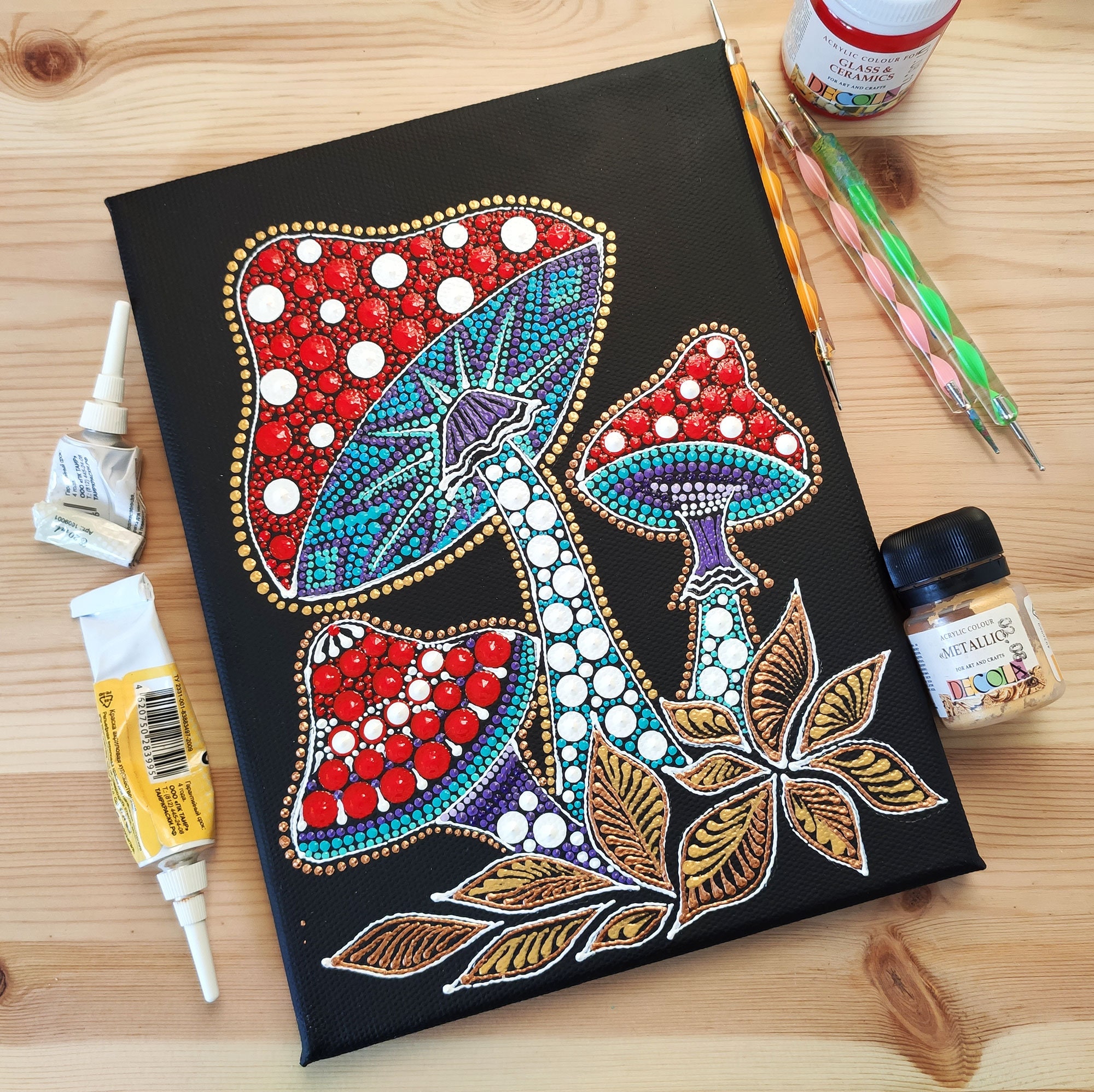 Magic Mushrooms Canvas Painting Original Dot Art Trippy Etsy