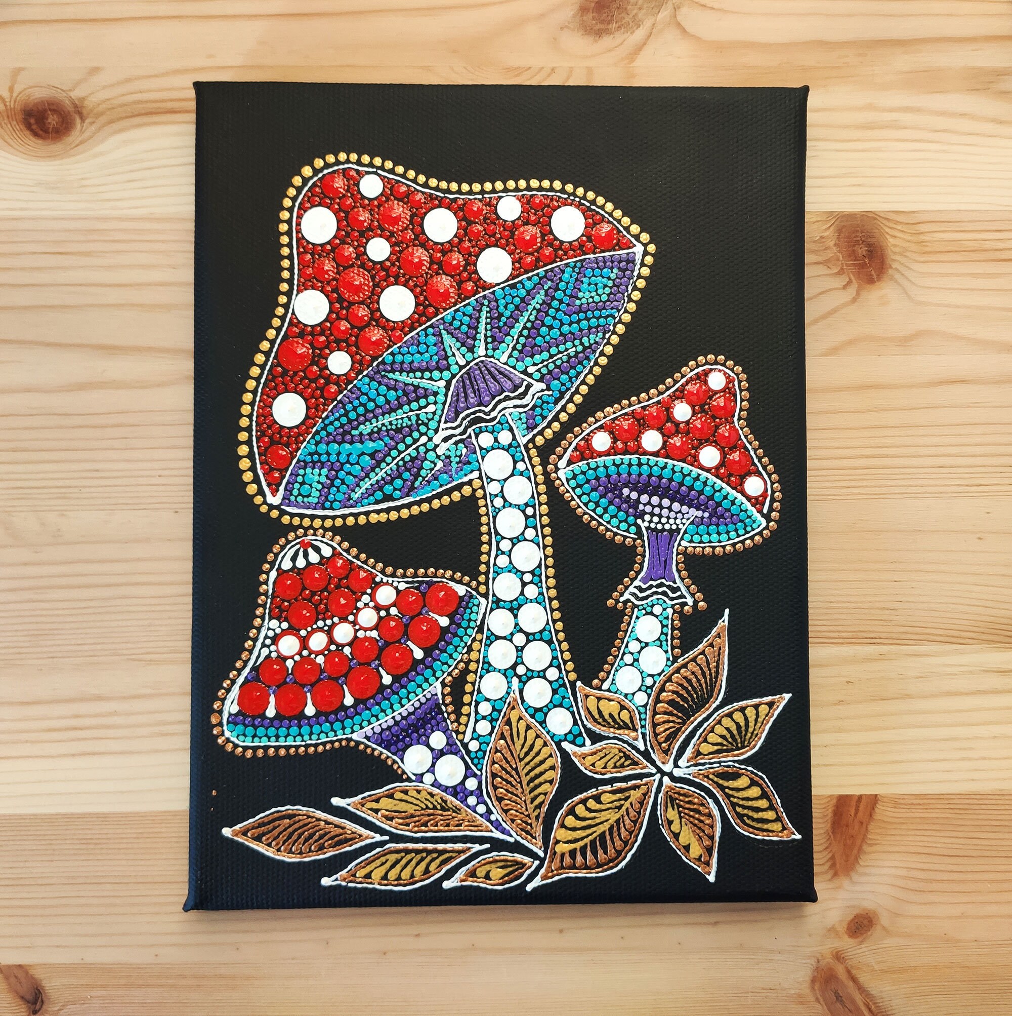 Magic Mushrooms Canvas Painting Original Dot Art Trippy Etsy