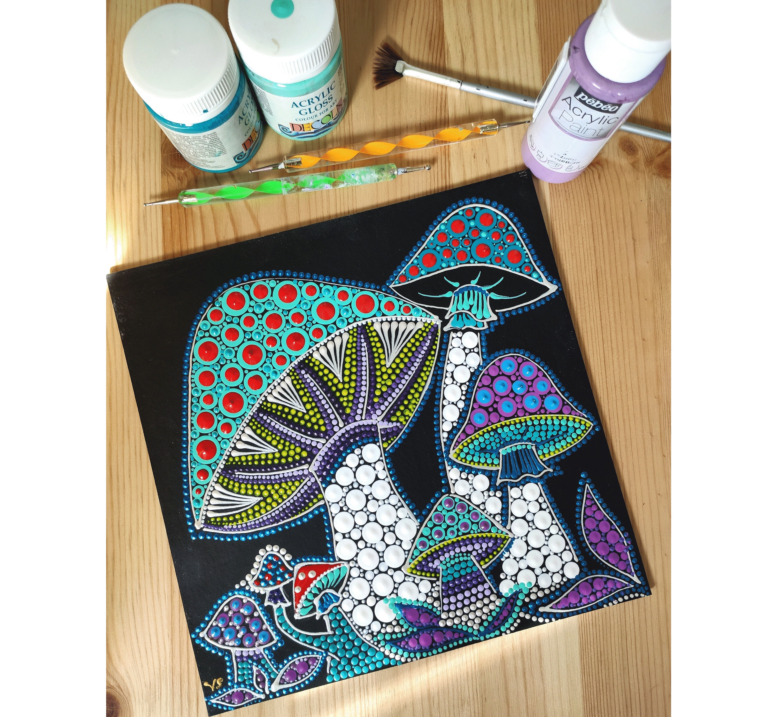 Magic Mushrooms Dot Painting Original Art Trippy Acrylic Dot Etsy