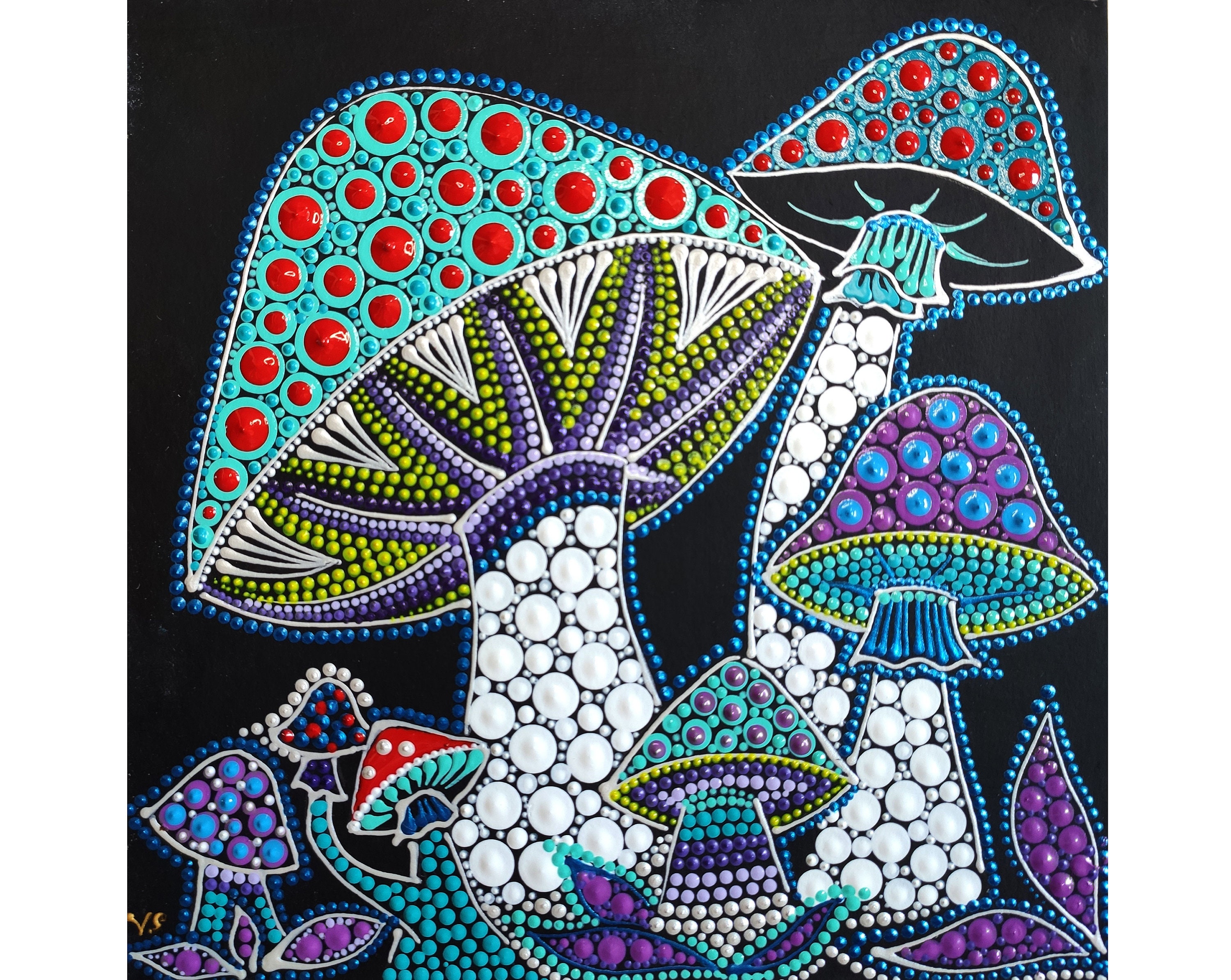 Magic Mushrooms Dot Painting Original Art Trippy Acrylic Dot Etsy