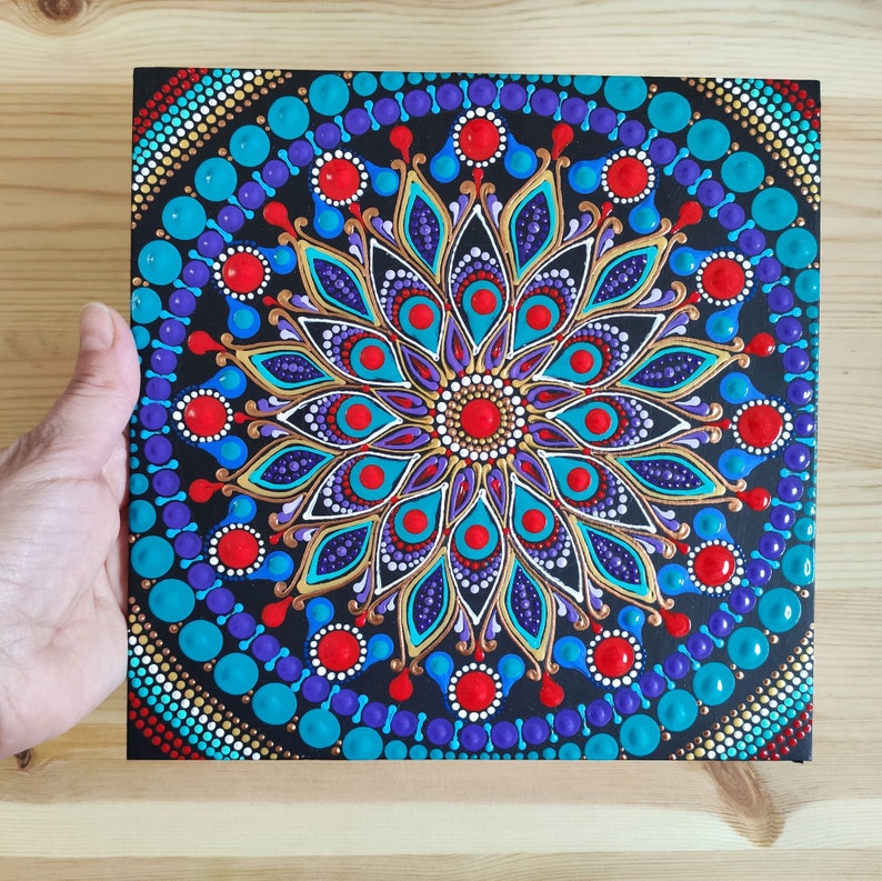 Dot Mandala Painting Original Art Red Blue Purple Dot Art-Dottilism-Hand Painted Acrylic Wall Art