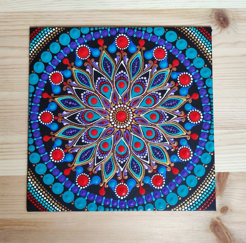 Dot Mandala Painting Original Art Red Blue Purple Dot Art-Dottilism-Hand Painted Acrylic Wall Art