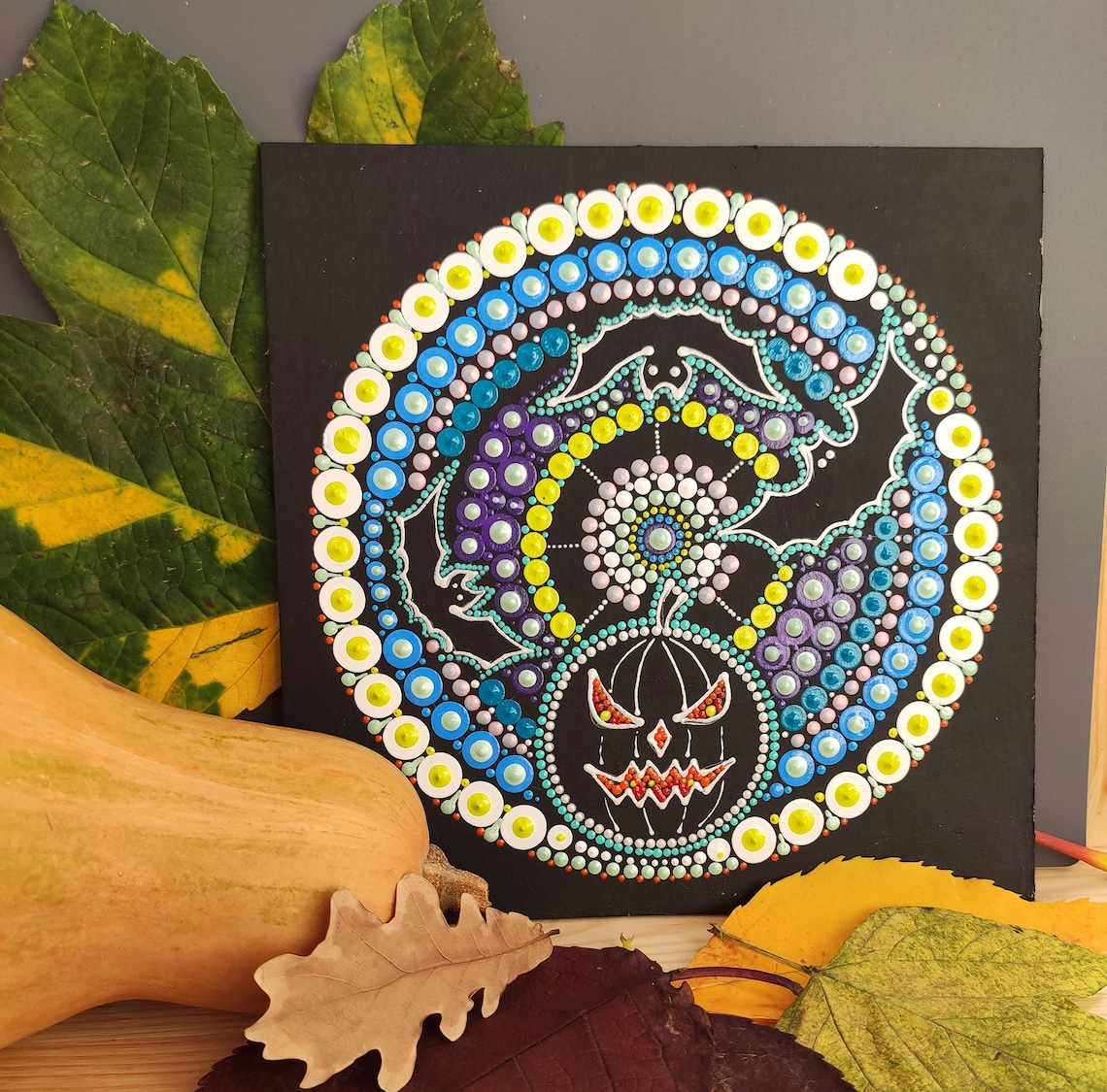 Pumpkin dot painting Original art Halloween wall art Jack O | Etsy