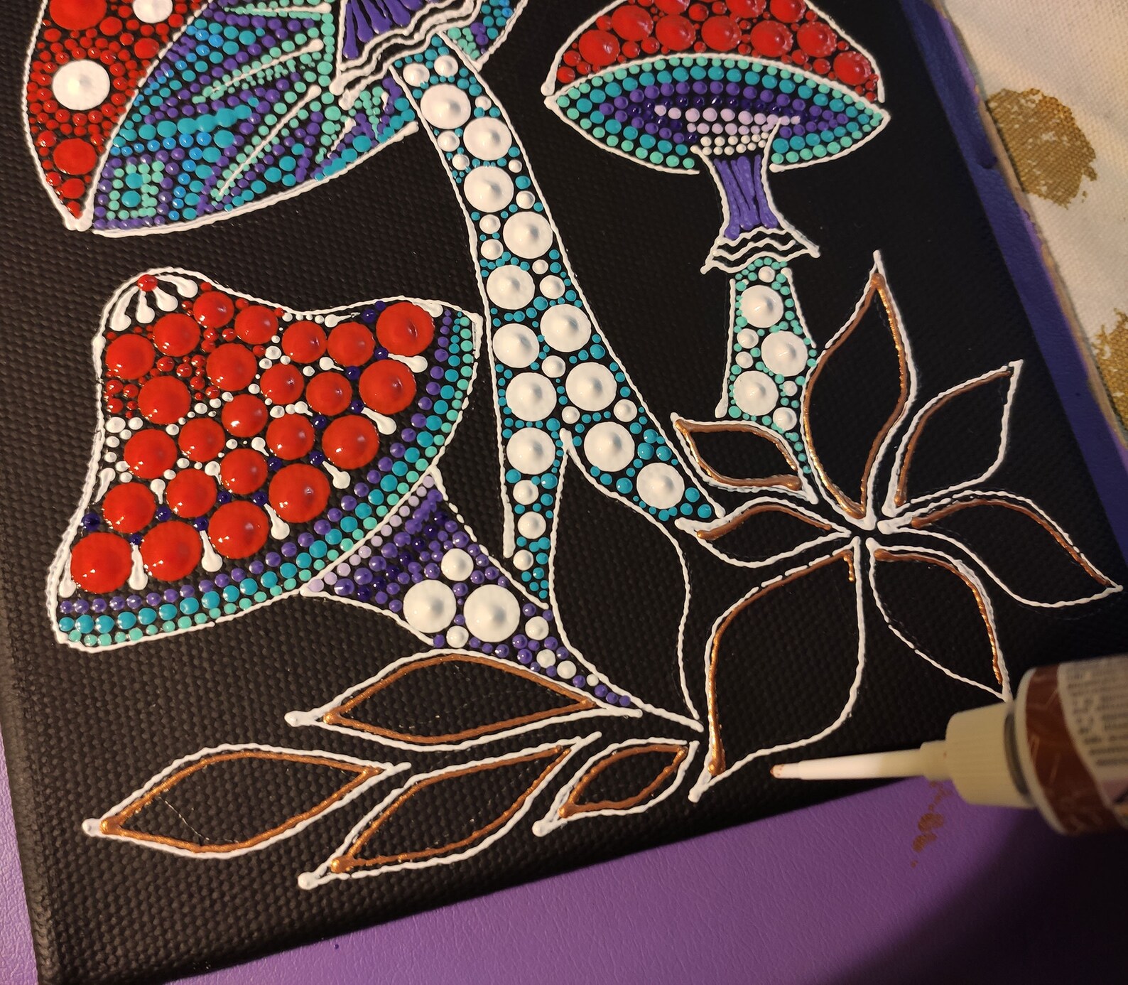 Magic Mushrooms Canvas Painting Original Dot Art Trippy Etsy