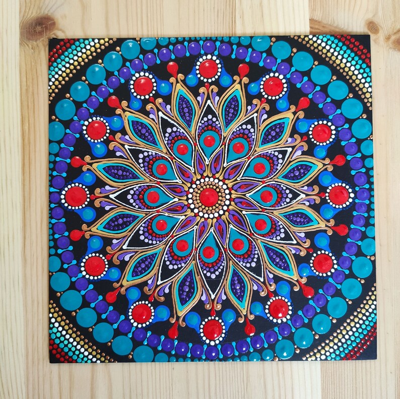 Dot Mandala Painting Original Art Red Blue Purple Dot Art-Dottilism-Hand Painted Acrylic Wall Art