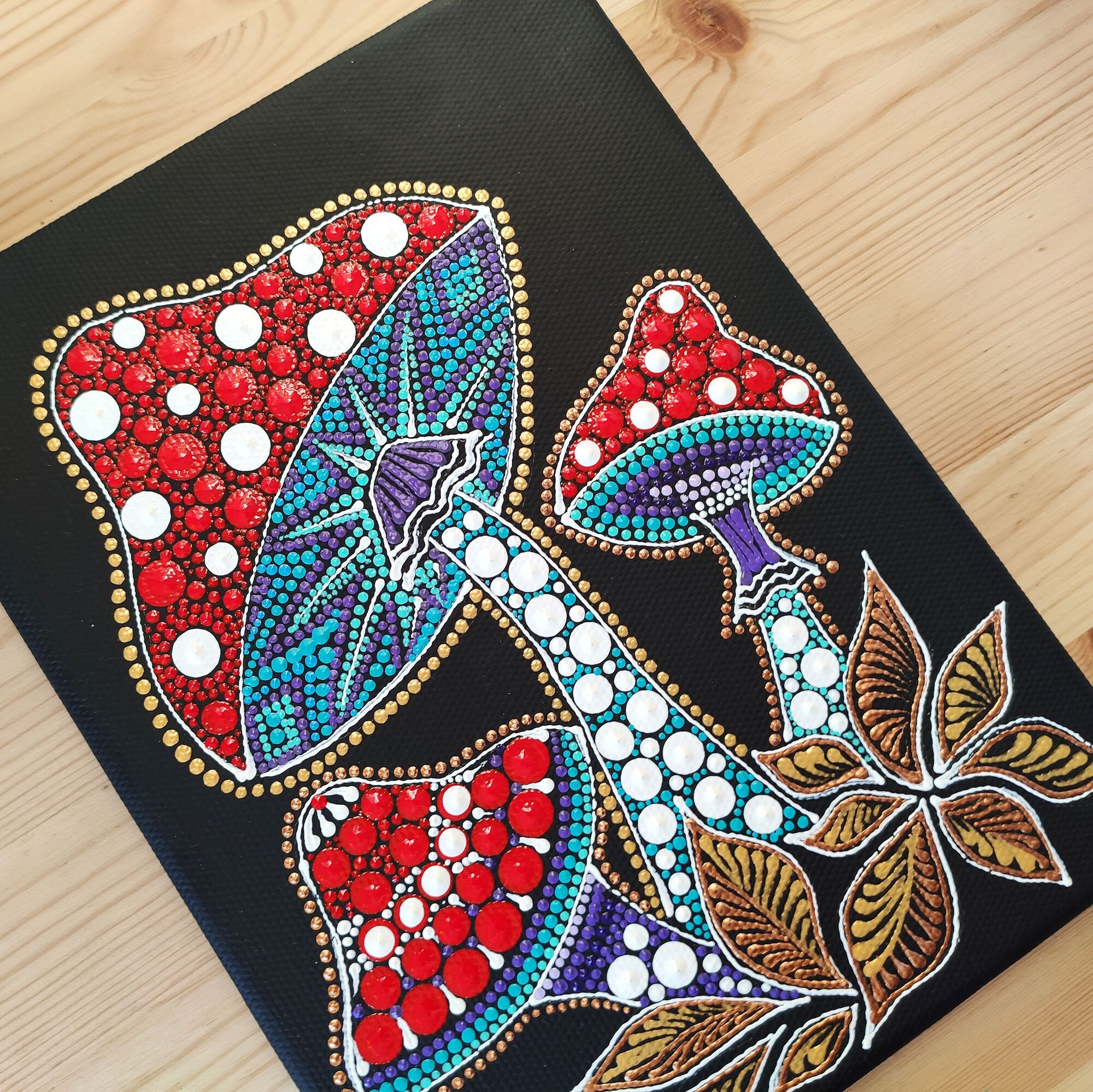 Magic Mushrooms Canvas Painting Original Dot Art Trippy Etsy