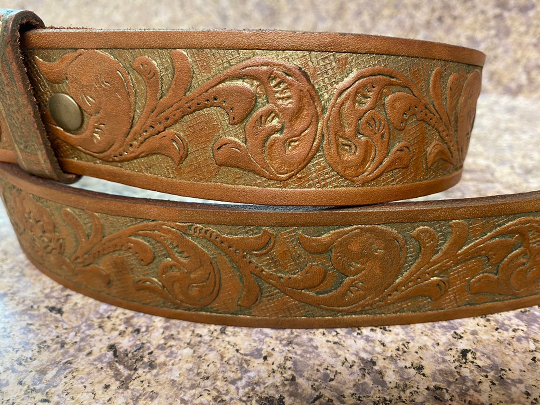 Brown & Gold Western Genuine Leather Embossed Belt Size Small Etsy