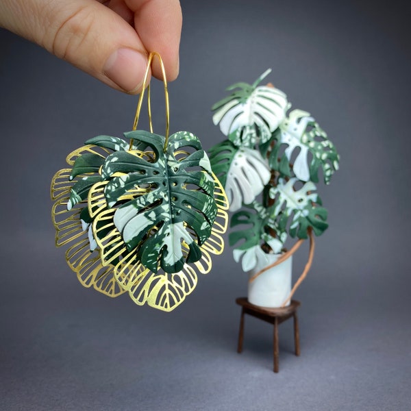 MONSTERA VARIEGATA Statement Earrings with Large Brass Sheet, 3in1 Wearable Art Edition