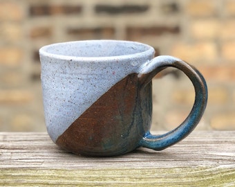 Handmade Sapphire Blue, Rust and White Speckled Ceramic Mug Made with Red Clay
