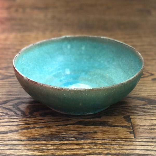 Wide Large Turquoise Ceramic Pasta Bowl with Rust Colored Rim made with Red Clay