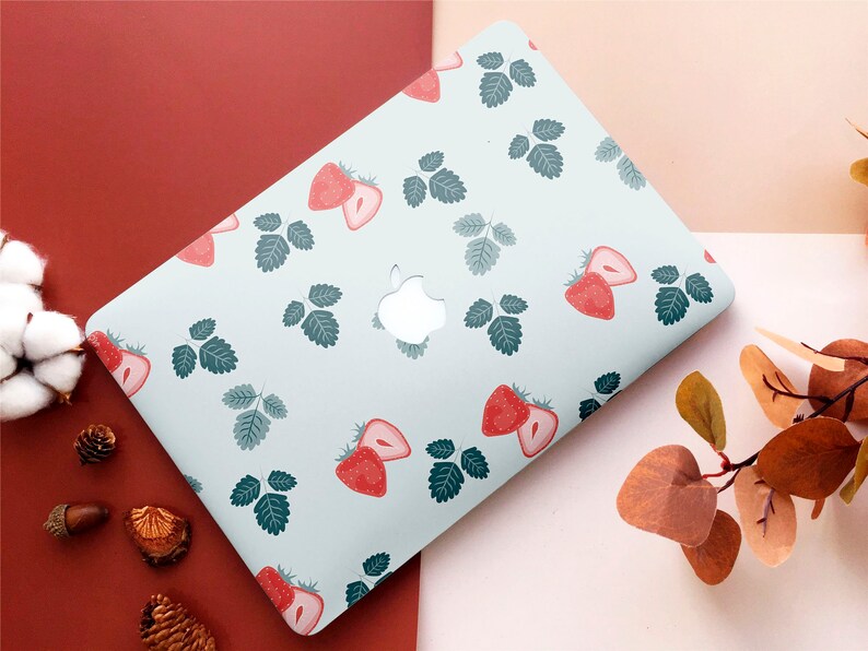 Green Blue Strawberry Leaves Fruit Cute Macbook Hard Case for Macbook Air 1113 Pro 131516 2008-2020 Custom Personalized Macbook Cover