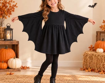 Vestito da Halloween da bambina con ali di pipistrello, costume spettrale a maniche lunghe per dolcetto o scherzetto.