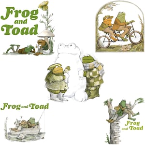 May include: A collection of illustrations featuring Frog and Toad. The images depict the characters in various scenes, including riding a bicycle, reading, and building a snowman. The title "Frog and Toad" is displayed in green text.