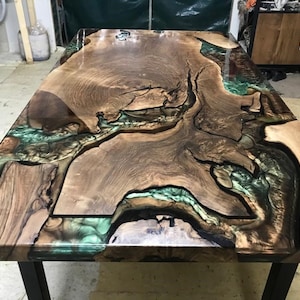 Custom Green Epoxy Walnut Dining Table: Live Edge Resin Wood Table