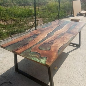 handmade Live Edge Walnut Epoxy Table: Green Resin River Dining Table