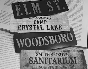 Horror Location Bookmark Set - Haunted Movie Sign Bundle - Slasher Film Inspired - Elm Street, Woodsboro, Sanitarium & Camp Crystal Lake