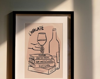 Lawyer poster – Minimalist art in beige and black – Wall illustration of a working woman with wine – Wall decor