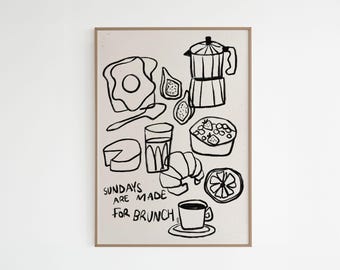 Poster - "Sundays are made for brunch" | Beige and black poster, brunch wall decoration, modern kitchen art
