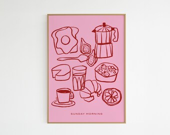 A4 poster / Print illustration minimalist drawing Sunday Morning / red and pink / "Sundays are made for brunch"