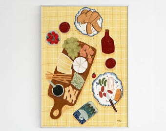 Poster illustration of an aperitif on a yellow tablecloth / French aperitif with bread, cheese, and wine / Illustration print of an aperitif